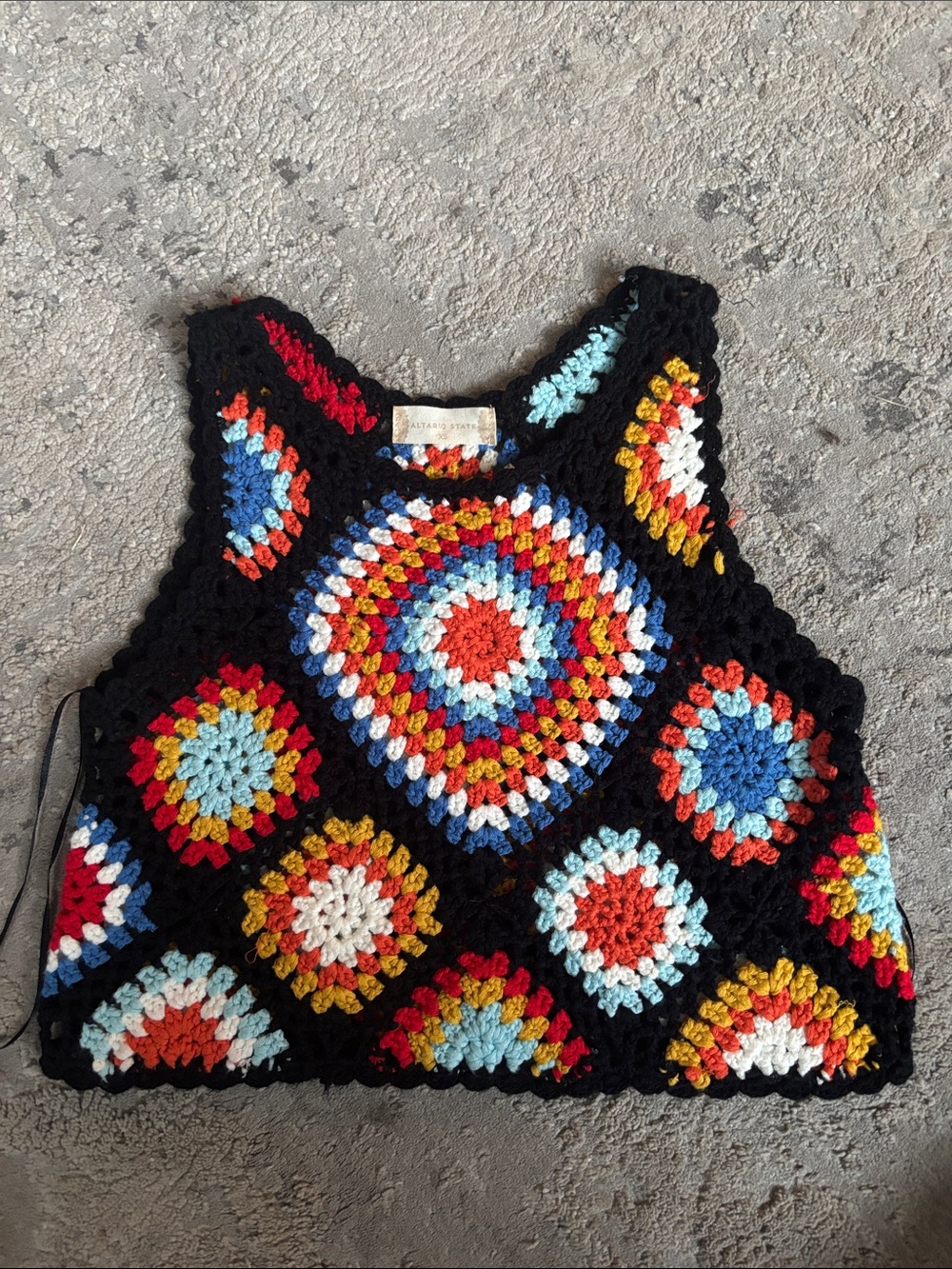 Altar'd State Black Crocheted Crop Top with Red, Blue, Yellow and Cream Accents